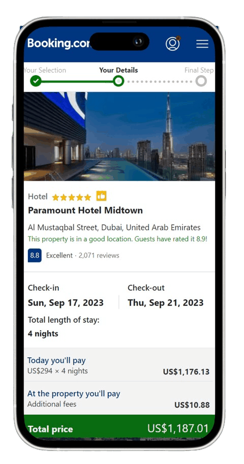 Réservation du Paramount Hotel Midtown à Dubaï sur Booking.com : prix total de 1 187,01 $ pour 4 nuits