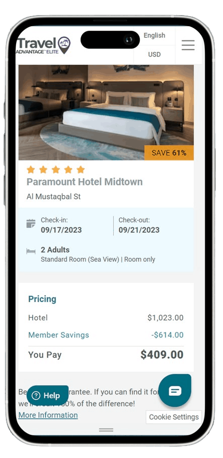 La même chambre du Paramount Hotel Midtown à Dubaï sur la plateforme membre Travel Advantage : 409 $ après remise membre