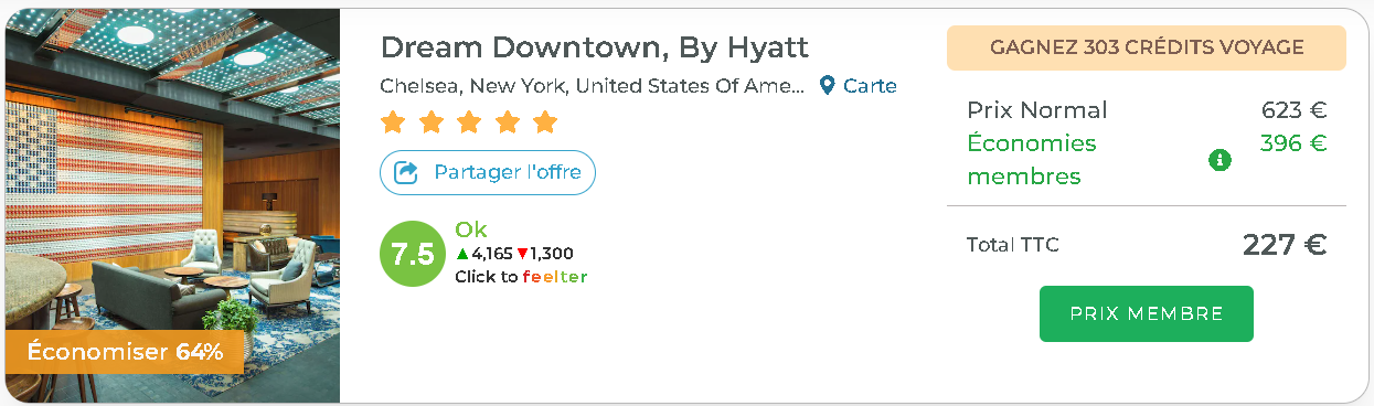 Comparaison du prix d'un hôtel à New York entre le tarif public et le tarif membre Travel Advantage