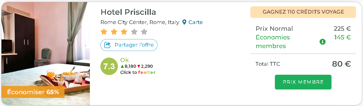 Comparaison du prix d'un hôtel à Rome entre le tarif public et le tarif membre Travel Advantage