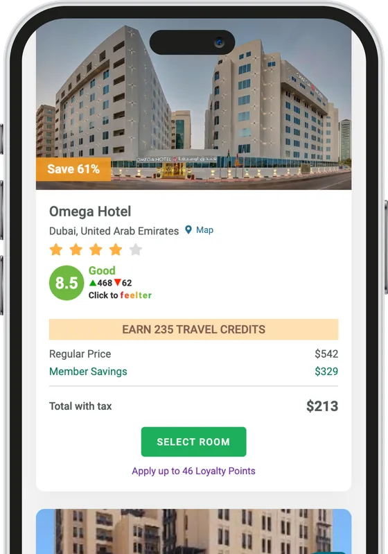 Interface de recherche d'hôtel de la plateforme membre Travel Advantage