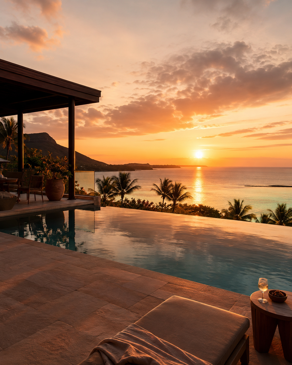 Terrasse d'hôtel avec piscine à débordement au coucher du soleil, exemple d'établissement accessible via Travel Advantage VIP